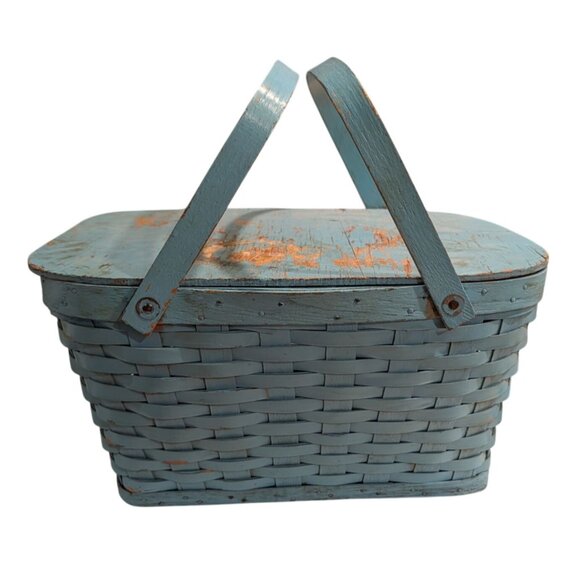 Vintage Blue Painted Picnic Basket Lid Handles Sewing storage decor - Picture 1 of 16